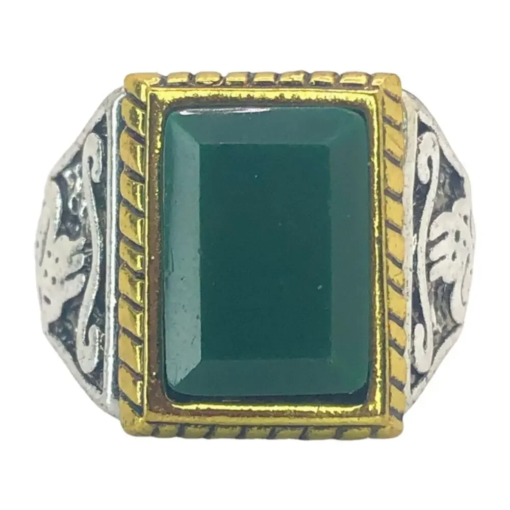 Silver and Gold Boho Ring with Green Stone - Size 8.5